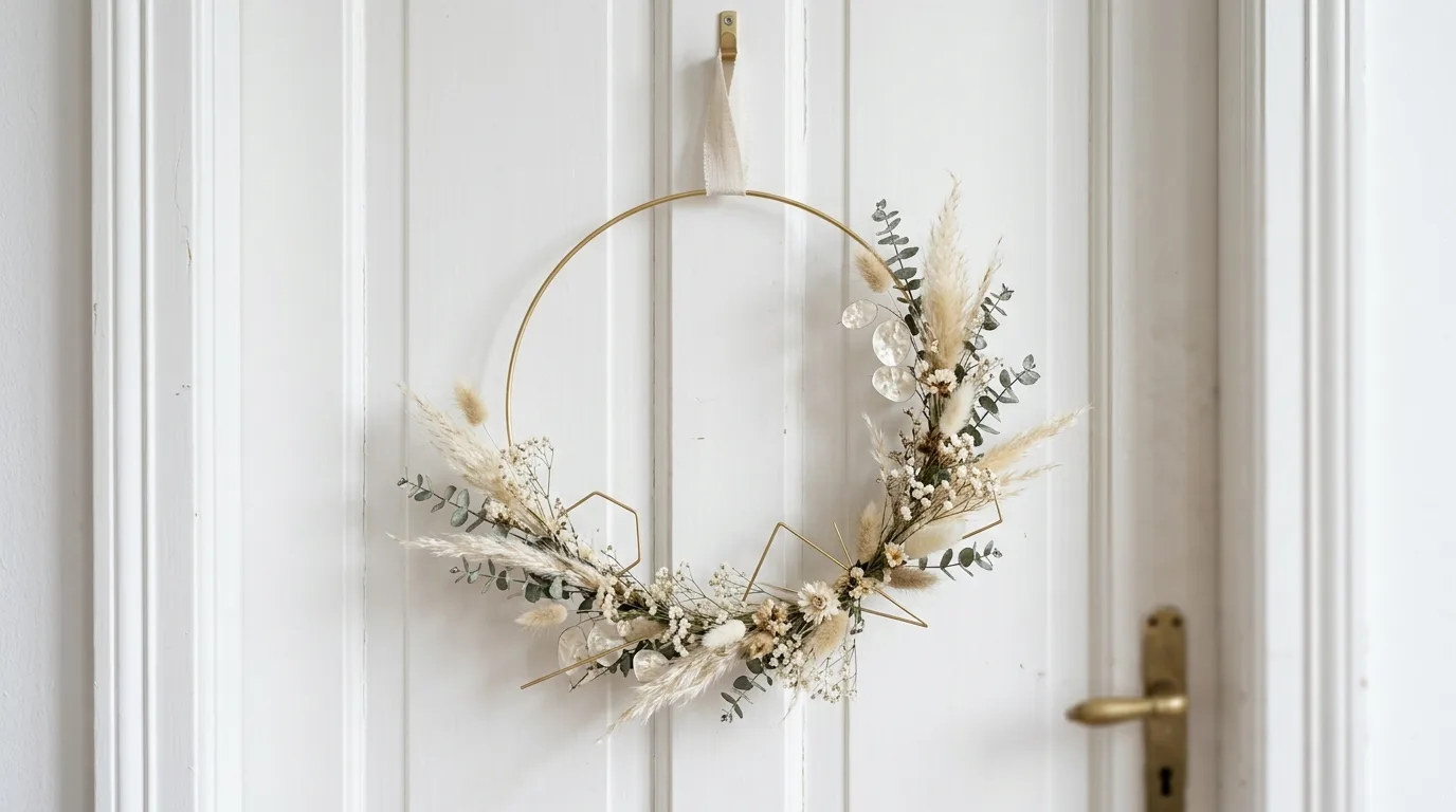 Let bells or metallic details stay minimal and elegant inspiration for a front door wreath display.